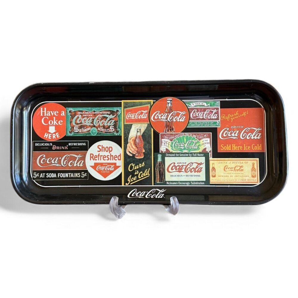 1995 Black Metal Coca Cola Tray Featuring a Collage of Vintage Advertisements